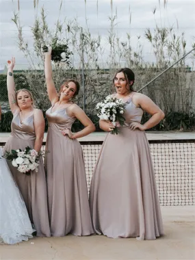 A-line Floor-length Spaghetti Straps V-neck Long Chiffon Bridesmaid Dresses, BD1115