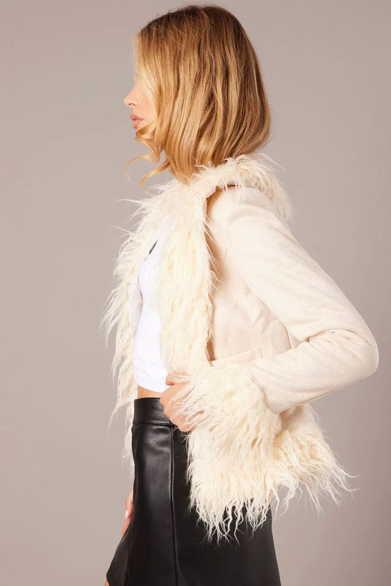 Beige Faux Fur Jacket Long Sleeves