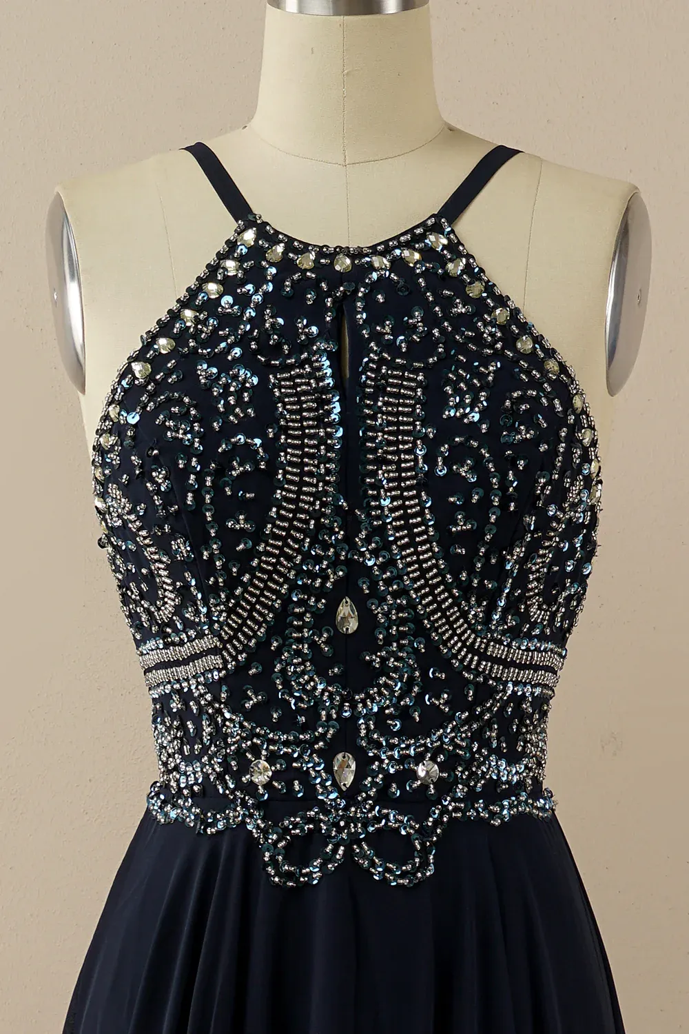 Black A-Line Halter Beaded Backless Long Prom Dress,DP1536