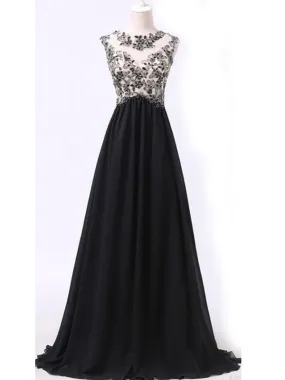 Black Appliques A-line Vintage Unique Formal Modest Long Party Prom Dress. AB1131