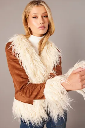 Brown Faux Fur Jacket Long Sleeves