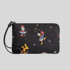 COACH Disney X Coach Corner Zip Wristlet With Holiday Print Black Multi CN031