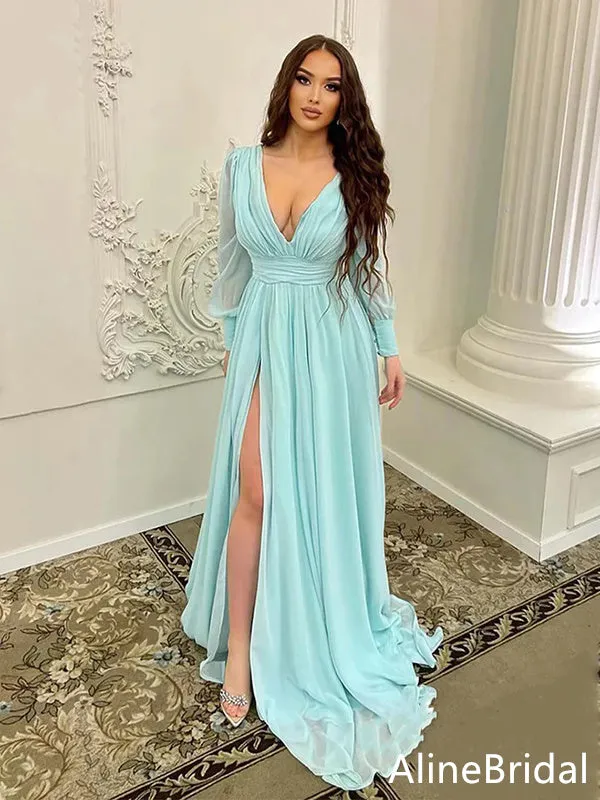 Deep V-neck Long Sleeves Split Side A-line Long Prom Dress,Evening Dress,PD37786