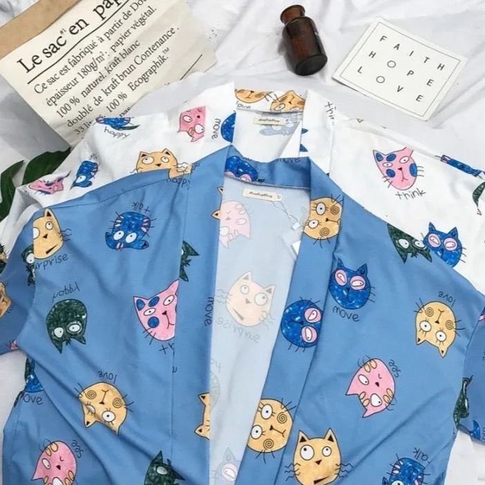 Kimono Shirt With Cat Print