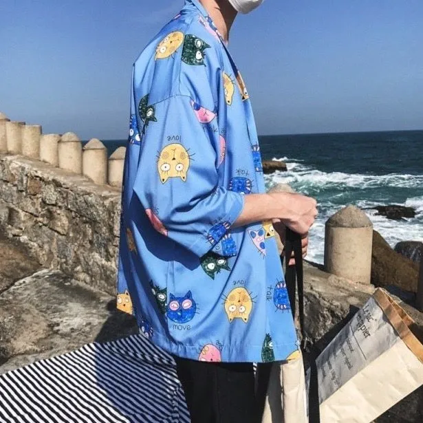 Kimono Shirt With Cat Print