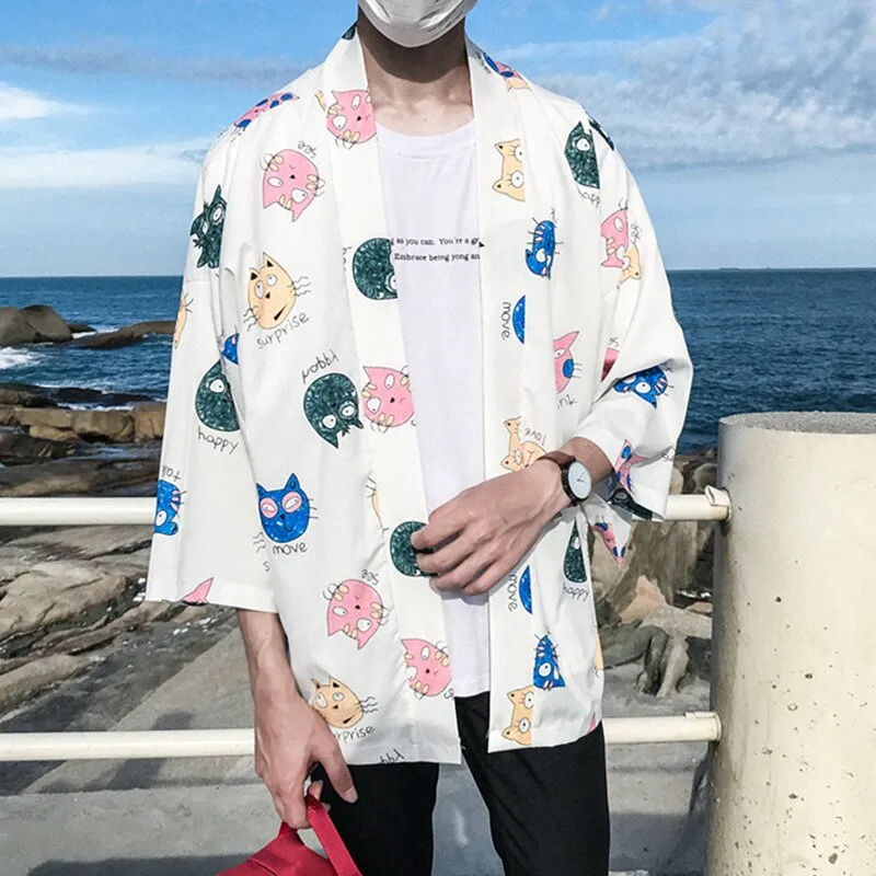 Kimono Shirt With Cat Print