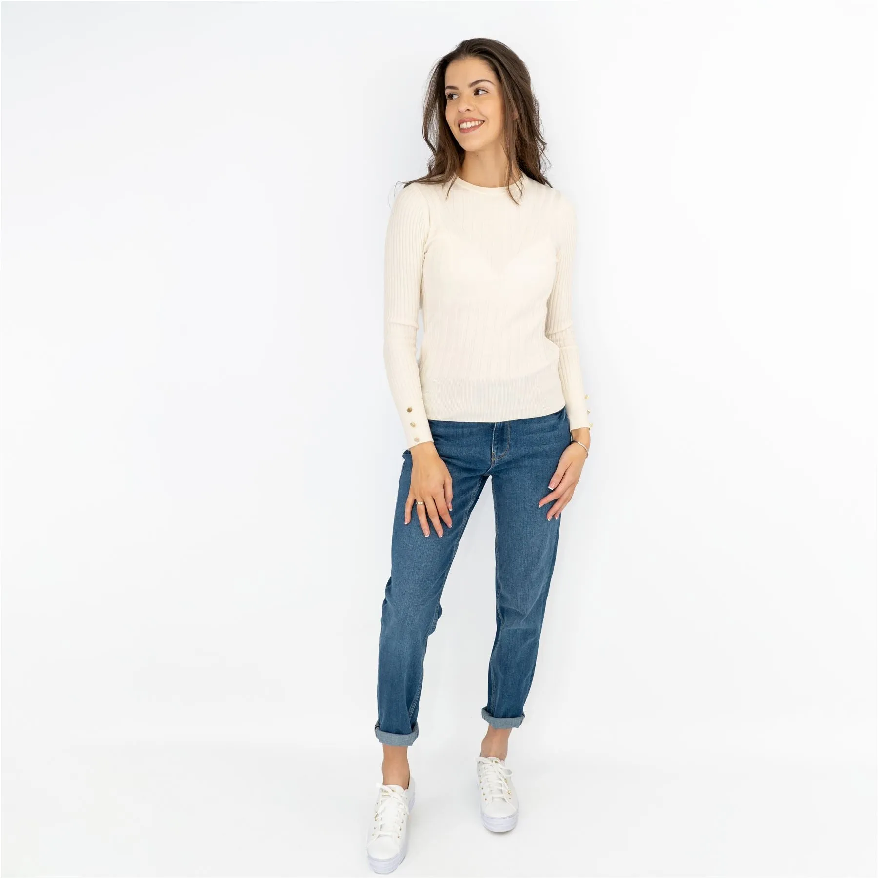 M&S Ivory Soft Touch Ribbed Crew Neck Fitted Jumper