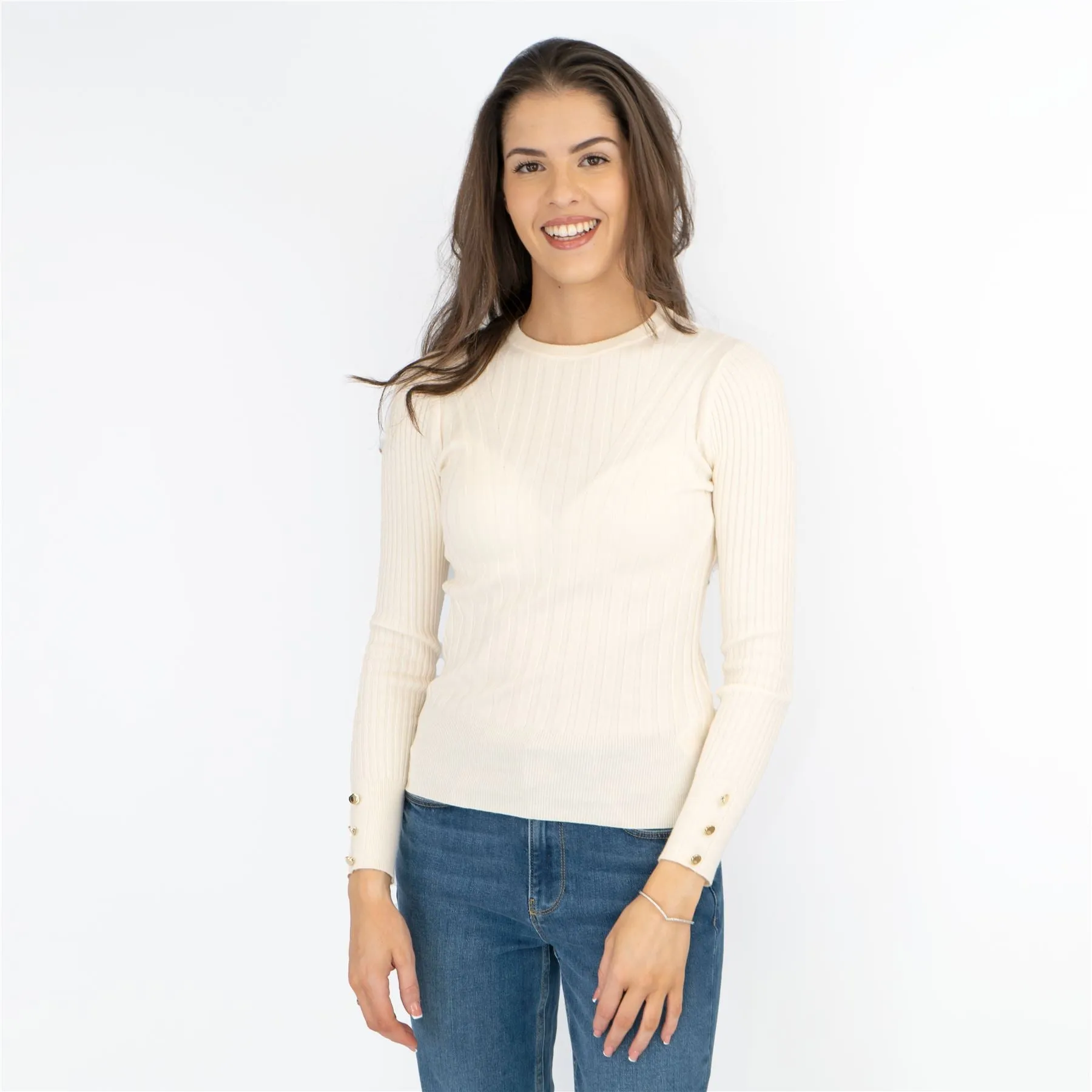 M&S Ivory Soft Touch Ribbed Crew Neck Fitted Jumper