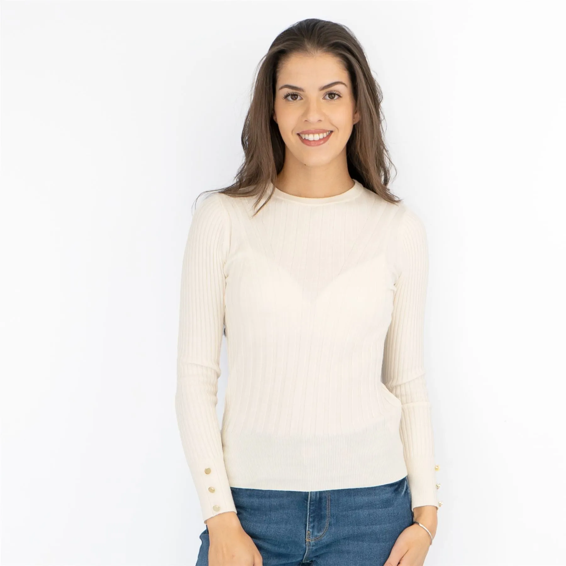 M&S Ivory Soft Touch Ribbed Crew Neck Fitted Jumper