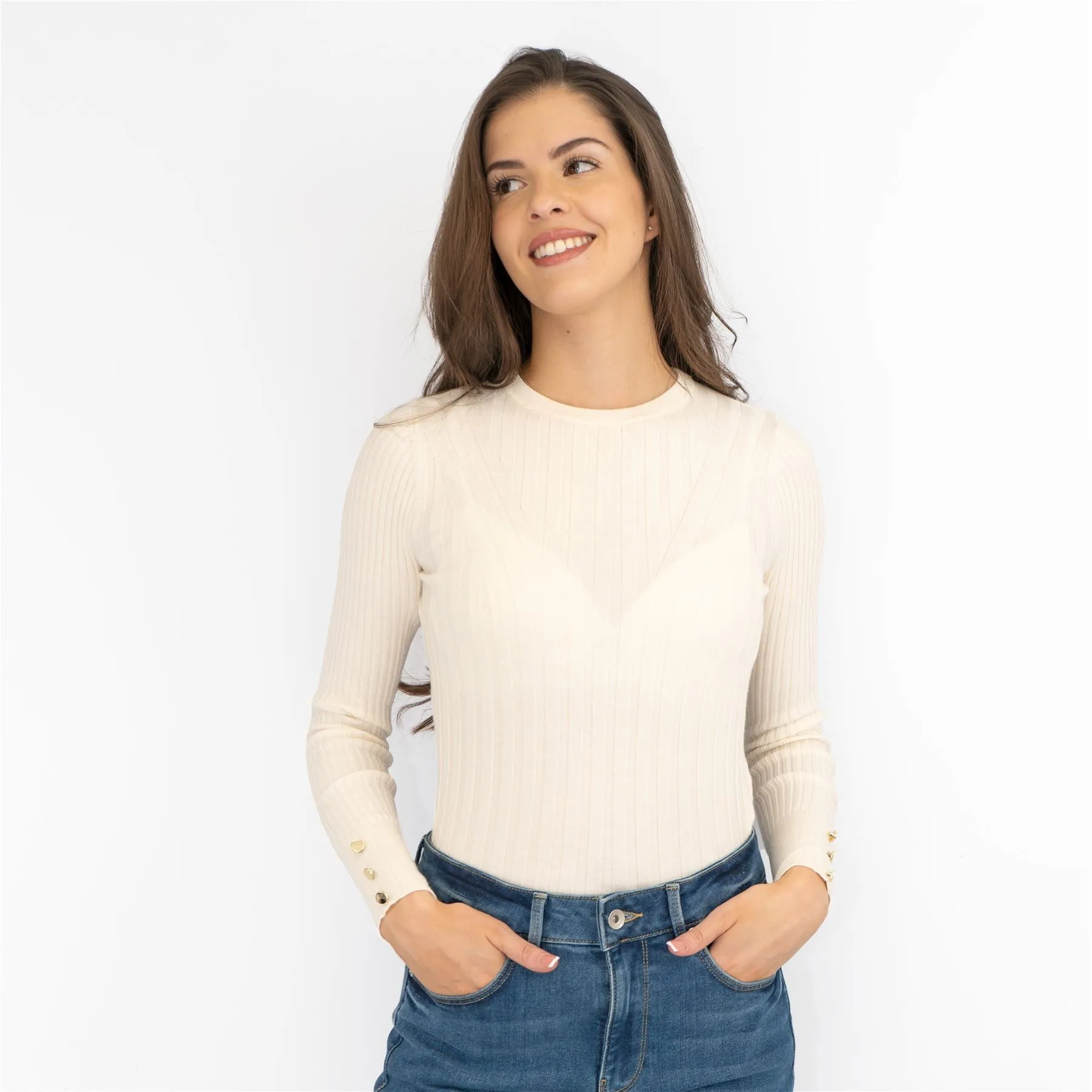 M&S Ivory Soft Touch Ribbed Crew Neck Fitted Jumper