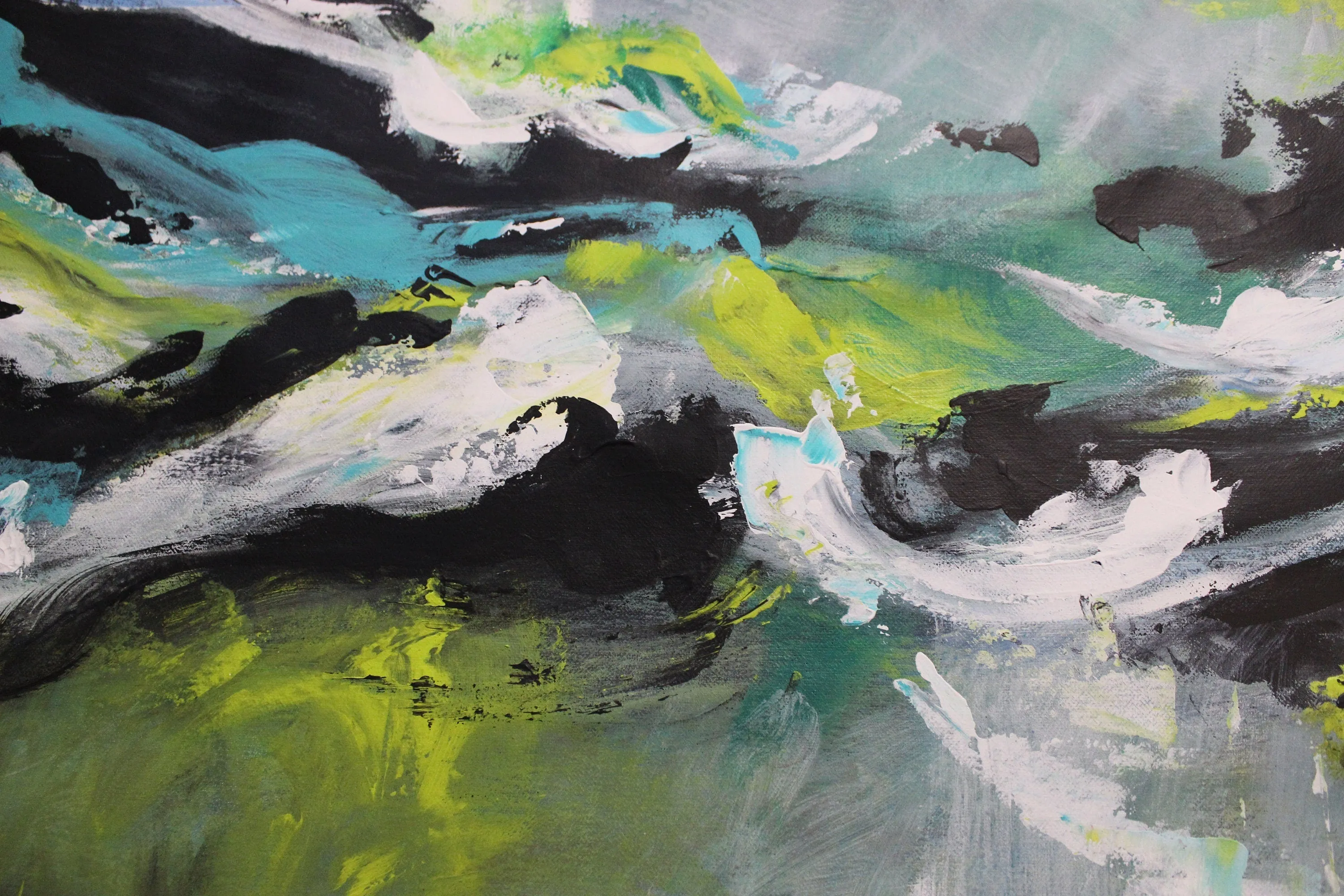 Neutral, teal & lime green large abstract painting made to order in a custom size