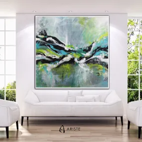 Neutral, teal & lime green large abstract painting made to order in a custom size