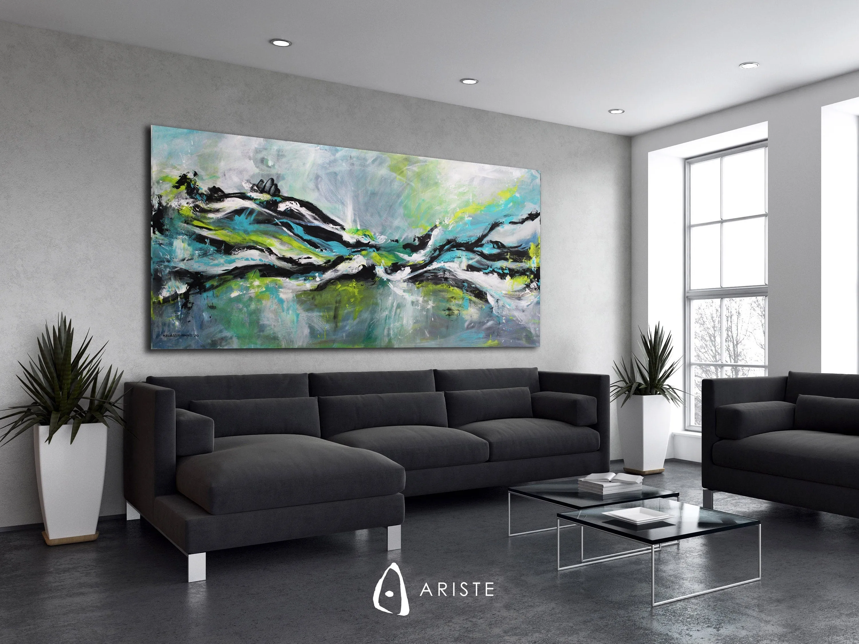 Neutral, teal & lime green large abstract painting made to order in a custom size