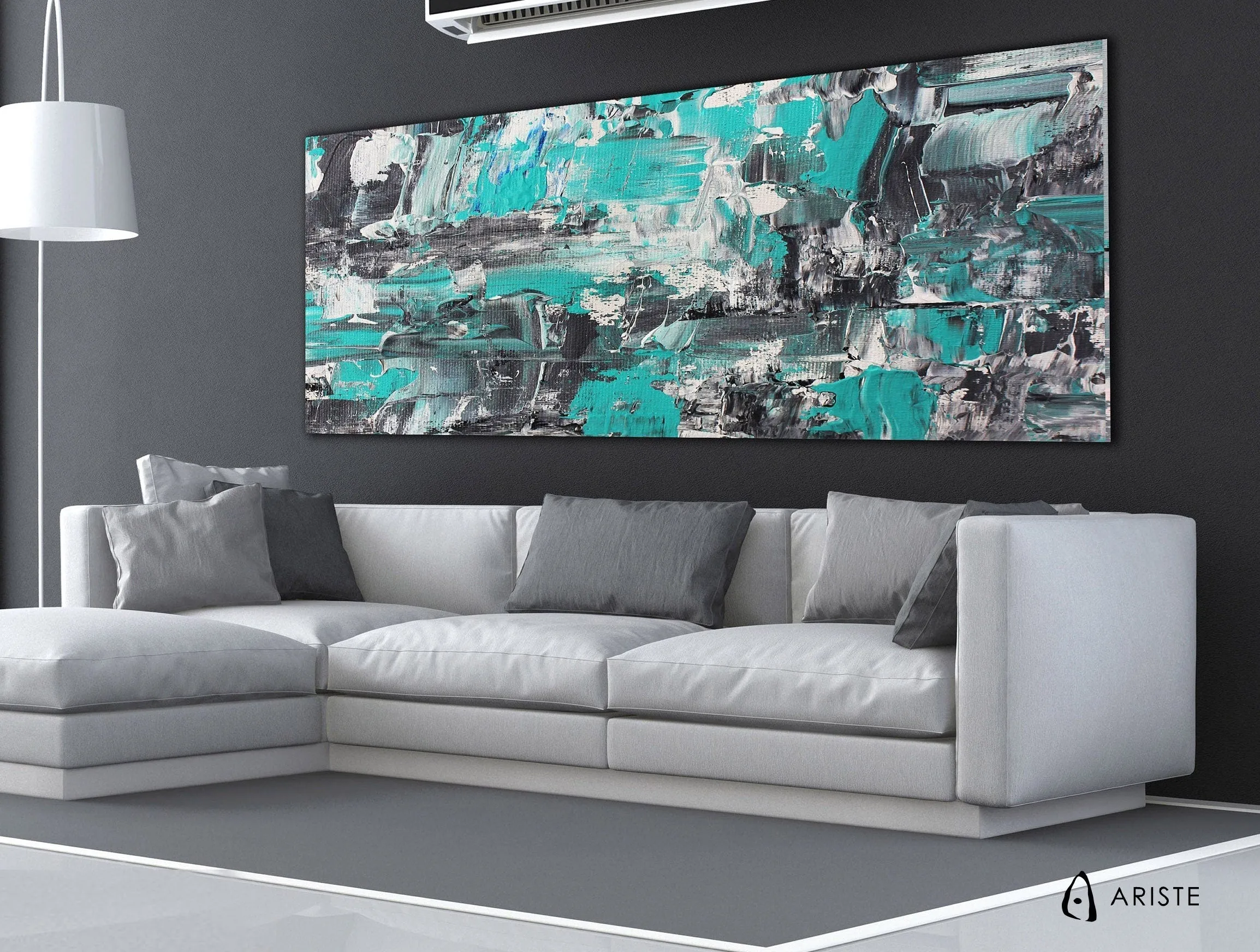 Teal & grey oversized canvas painting made to order in a custom size