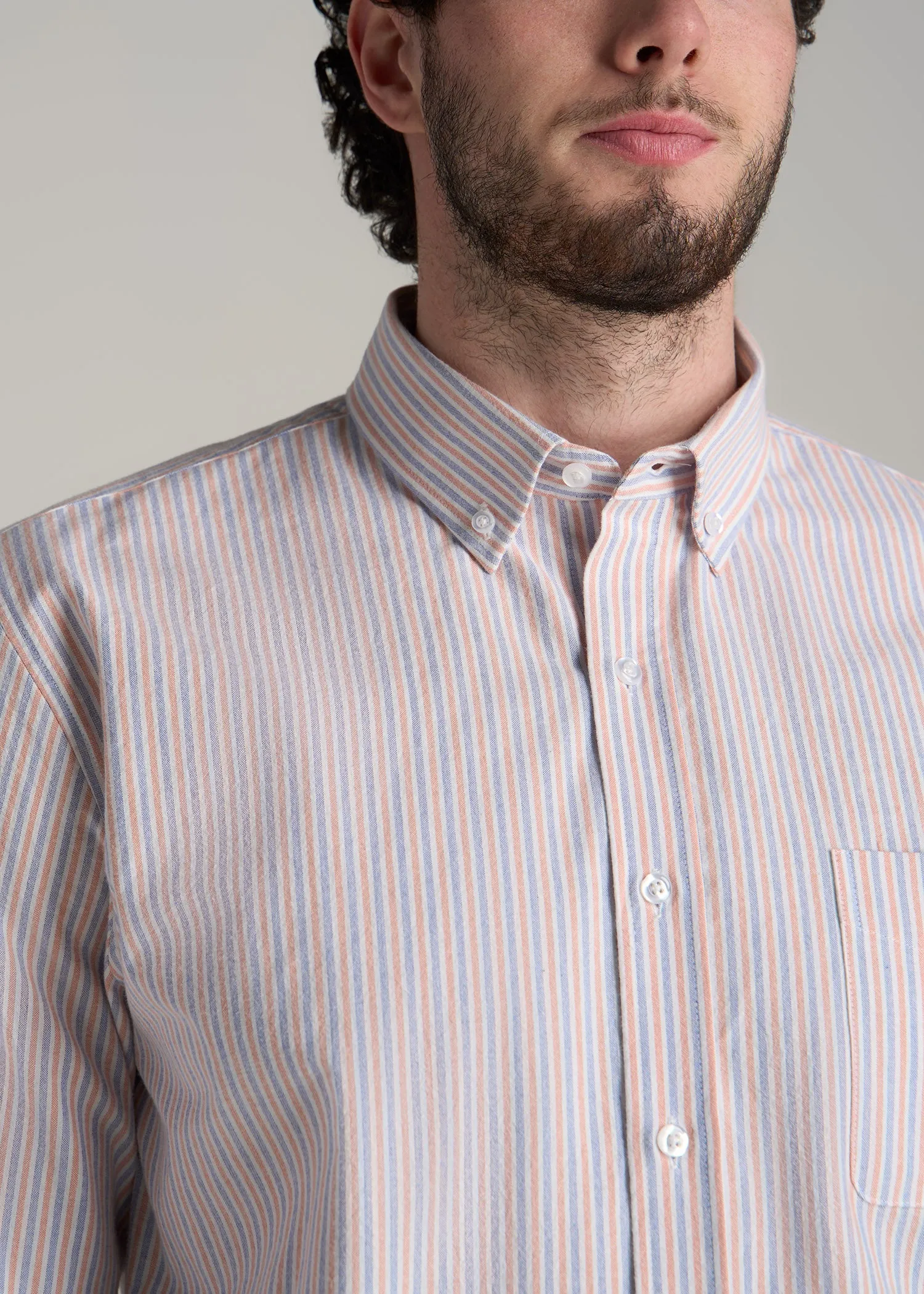 Washed Oxford Shirt for Tall Men in Apricot and Blue Multi Stripe